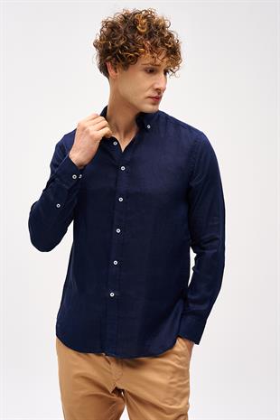 Lacivert Dynamic Fit Düğmeli Yaka Düz Uzun Kollu Cepsiz %100 Keten Gömlek