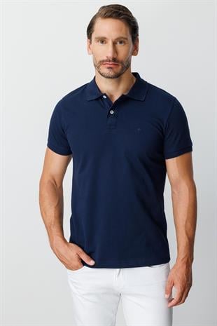 Lacivert Modern Fit Dar Kalıp Polo Yaka Düz Kısa Kollu  %100 Pamuk Tişört