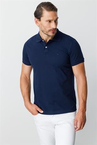 Lacivert Modern Fit Dar Kalıp Polo Yaka Düz Kısa Kollu  %100 Pamuk Tişört