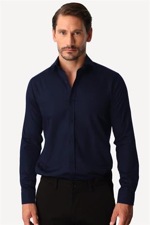 Lacivert Regular Fit Geniş Kalıp Klasik Yaka Düz Uzun Kollu Cepsiz %100 Pamuk Non Iron Ütü İstemeyen Gömlek 