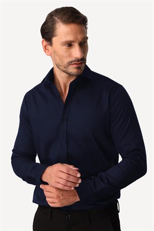 Lacivert Regular Fit Geniş Kalıp Klasik Yaka Düz Uzun Kollu Cepsiz %100 Pamuk Non Iron Ütü İstemeyen Gömlek 