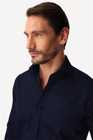 Lacivert Regular Fit Geniş Kalıp Klasik Yaka Düz Uzun Kollu Cepsiz %100 Pamuk Non Iron Ütü İstemeyen Gömlek 