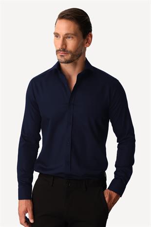 Lacivert Slim Fit Dar Kalıp Klasik Yaka Düz Uzun Kollu Cepsiz %100 Pamuk Non Iron Ütü İstemeyen Gömlek 