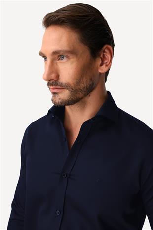 Lacivert Slim Fit Dar Kalıp Klasik Yaka Düz Uzun Kollu Cepsiz %100 Pamuk Non Iron Ütü İstemeyen Gömlek 