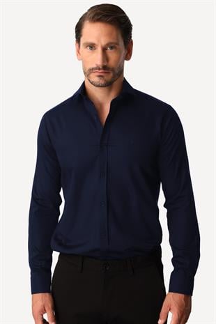 Lacivert Slim Fit Dar Kalıp Klasik Yaka Düz Uzun Kollu Cepsiz %100 Pamuk Non Iron Ütü İstemeyen Gömlek 