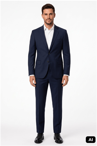 Lacivert Slim Fit Dar Kalıp Mono Yaka Takım Elbise