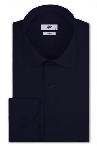 Lacivert Slim Fit Dar Kalıp Klasik Yaka Düz Uzun Kollu Cepsiz Pamuklu Gömlek