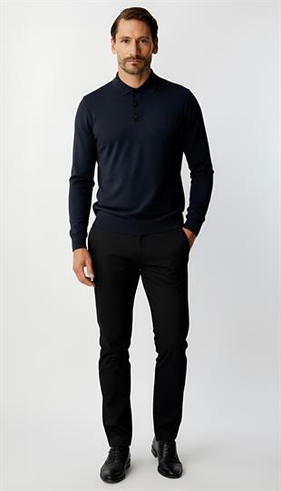 Lacivert Standart Fit Dar Kalıp Polo Yaka Düz Uzun Kollu  Rayon Triko