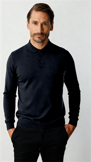 Lacivert Standart Fit Dar Kalıp Polo Yaka Düz Uzun Kollu  Rayon Triko
