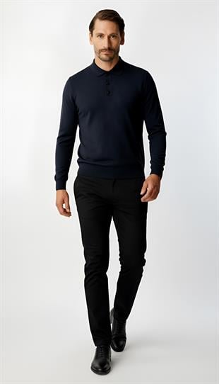Lacivert Standart Fit Dar Kalıp Polo Yaka Düz Uzun Kollu  Rayon Triko