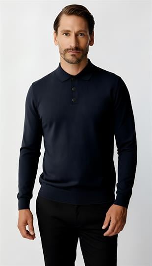 Lacivert Standart Fit Dar Kalıp Polo Yaka Düz Uzun Kollu  Rayon Triko