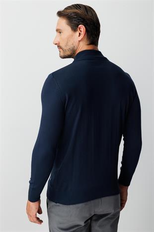 Lacivert Standart Fit Dar Kalıp Yarım Balıkçı Düz Uzun Kollu  Triko