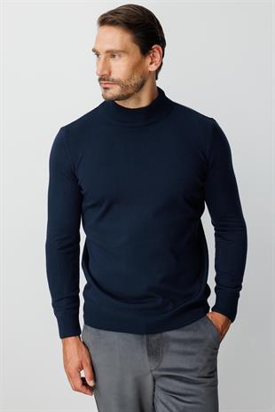 Lacivert Standart Fit Dar Kalıp Yarım Balıkçı Düz Uzun Kollu  Triko