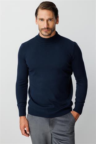 Lacivert Standart Fit Dar Kalıp Yarım Balıkçı Düz Uzun Kollu  Triko