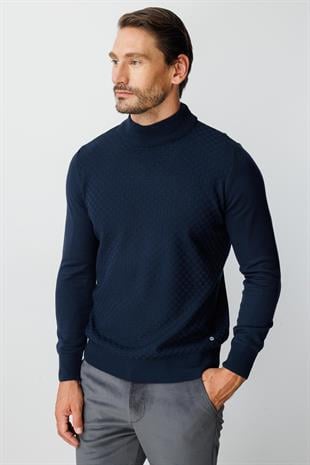 Lacivert Standart Fit Dar Kalıp Yarım Balıkçı Düz Uzun Kollu  Triko