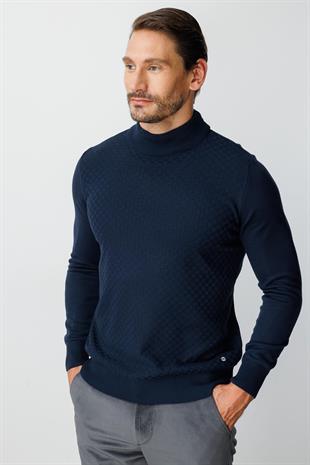 Lacivert Standart Fit Dar Kalıp Yarım Balıkçı Düz Uzun Kollu  Triko