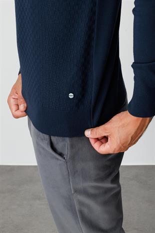 Lacivert Standart Fit Dar Kalıp Yarım Balıkçı Düz Uzun Kollu  Triko