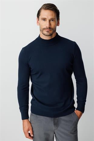 Lacivert Standart Fit Dar Kalıp Yarım Balıkçı Düz Uzun Kollu  Triko