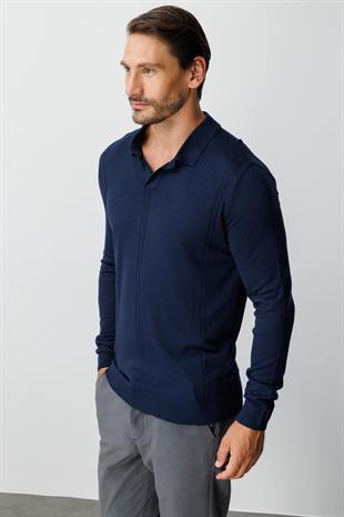 Lacivert Standart Fit  Polo Yaka  Düz Uzun Kollu  Triko