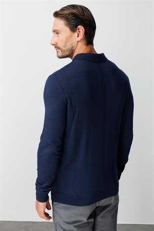Lacivert Standart Fit  Polo Yaka  Düz Uzun Kollu  Triko