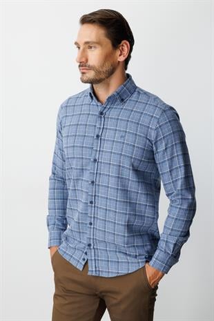 Mavi Dynamic Fit  Düğmeli Yaka  Ekose Uzun Kollu Pamuklu Gömlek