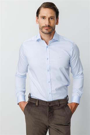 Mavi Slim Fit Dar Kalıp Klasik Yaka Düz Uzun Kollu Cepsiz %100 Pamuk Non Iron Ütü İstemeyen Gömlek 