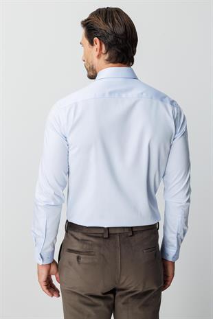Mavi Slim Fit Dar Kalıp Klasik Yaka Düz Uzun Kollu Cepsiz %100 Pamuk Non Iron Ütü İstemeyen Gömlek 