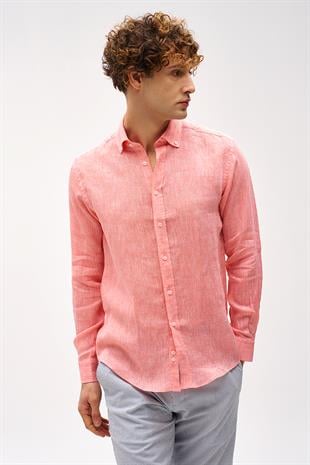 Mercan Dynamic Fit Düğmeli Yaka Düz Uzun Kollu Cepsiz %100 Keten Gömlek