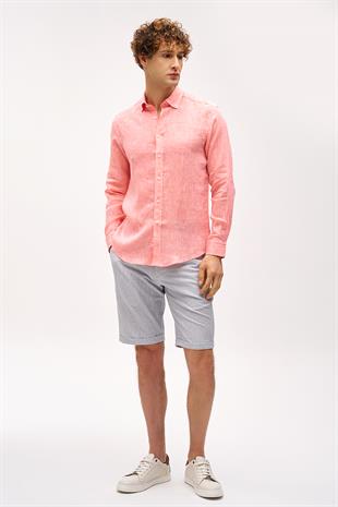 Mercan Dynamic Fit Düğmeli Yaka Düz Uzun Kollu Cepsiz %100 Keten Gömlek