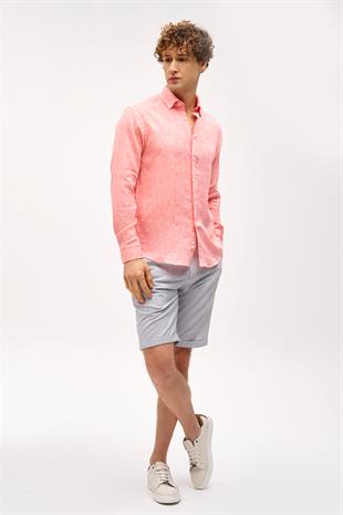 Mercan Dynamic Fit Düğmeli Yaka Düz Uzun Kollu Cepsiz %100 Keten Gömlek