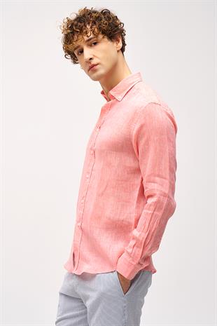 Mercan Dynamic Fit Düğmeli Yaka Düz Uzun Kollu Cepsiz %100 Keten Gömlek