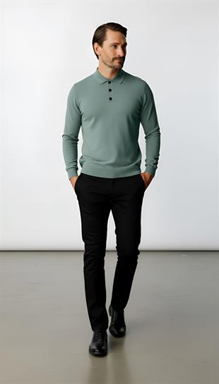 Mint Yeşili Standart Fit Dar Kalıp Polo Yaka Düz Uzun Kollu  Triko