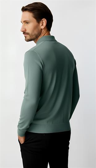 Mint Yeşili Standart Fit Dar Kalıp Polo Yaka Düz Uzun Kollu  Triko