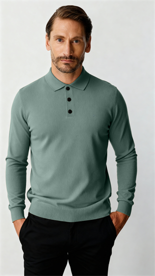 Mint Yeşili Standart Fit Dar Kalıp Polo Yaka Düz Uzun Kollu  Triko