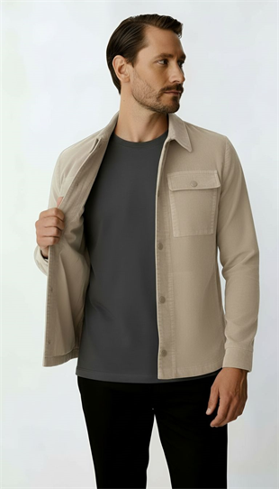 Ekru Kadife Erkek Mont – Modern Hafif Mevsimlik Mont