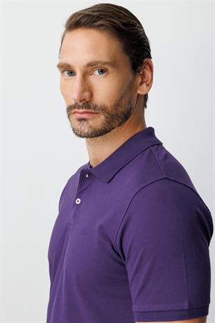 Mor Modern Fit Dar Kalıp Polo Yaka Düz Kısa Kollu  %100 Pamuk Tişört