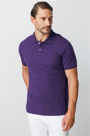 Mor Modern Fit Dar Kalıp Polo Yaka Düz Kısa Kollu  %100 Pamuk Tişört