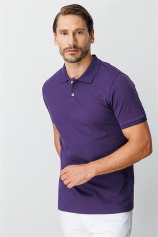 Mor Modern Fit Dar Kalıp Polo Yaka Düz Kısa Kollu  %100 Pamuk Tişört