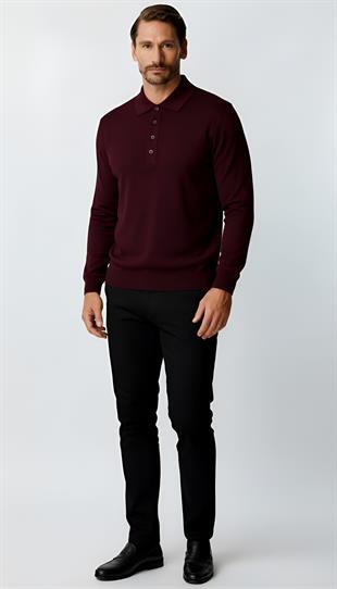 Mürdüm Standart Fit Dar Kalıp Polo Yaka Düz Uzun Kollu  Triko