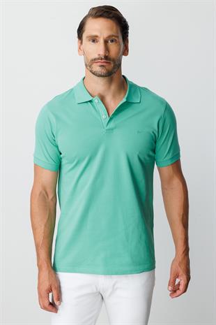 Nil Yeşili Modern Fit Dar Kalıp Polo Yaka Düz Kısa Kollu Pamuklu Tişört