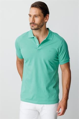 Nil Yeşili Modern Fit Dar Kalıp Polo Yaka Düz Kısa Kollu Pamuklu Tişört