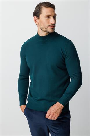 Petrol Standart Fit Dar Kalıp Yarım Balıkçı Düz Uzun Kollu  Triko