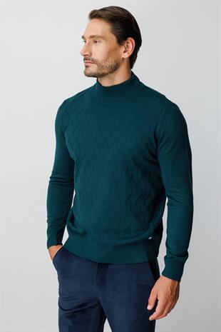 Petrol Standart Fit Dar Kalıp Yarım Balıkçı Düz Uzun Kollu  Triko