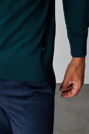 Petrol Standart Fit Dar Kalıp Yarım Balıkçı Düz Uzun Kollu  Triko