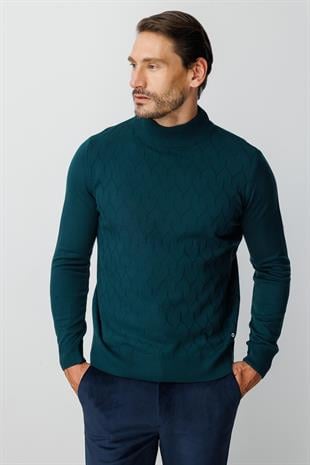 Petrol Standart Fit Dar Kalıp Yarım Balıkçı Düz Uzun Kollu  Triko