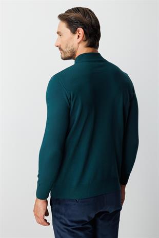 Petrol Standart Fit Dar Kalıp Yarım Balıkçı Düz Uzun Kollu  Triko