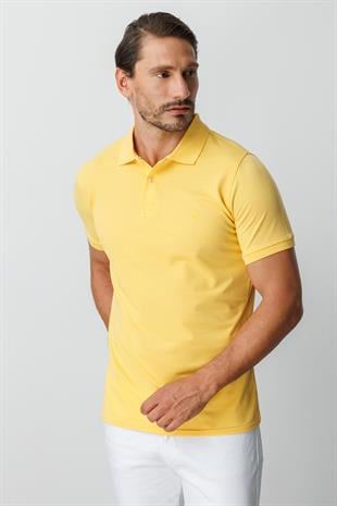 Sarı Modern Fit Dar Kalıp Polo Yaka Düz Kısa Kollu Pamuklu Tişört