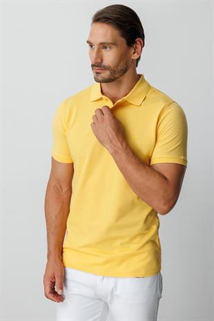 Sarı Modern Fit Dar Kalıp Polo Yaka Düz Kısa Kollu Pamuklu Tişört