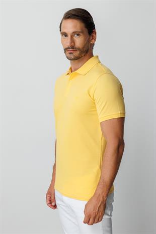 Sarı Modern Fit Dar Kalıp Polo Yaka Düz Kısa Kollu Pamuklu Tişört