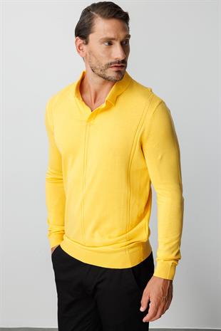 Sarı Standart Fit  Polo Yaka  Düz Uzun Kollu  Triko